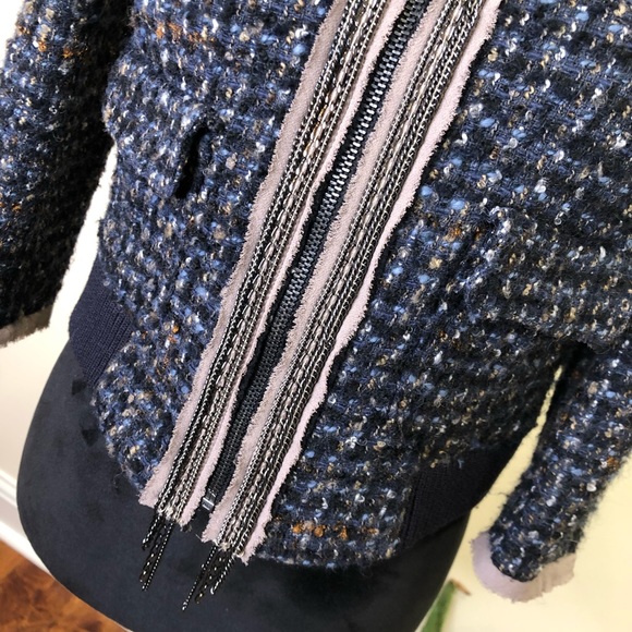 Ann Taylor LOFT Navy Tweed Wool Bomber Jacket Blazer Silver Chain Detail XSP - Picture 5 of 9